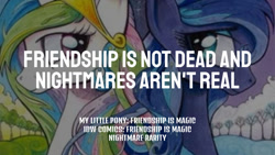 Size: 1280x720 | Tagged: safe, edit, editor:quoterific, idw, imported from derpibooru, princess celestia, princess luna, alicorn, pony, crown, duo, female, jewelry, looking at each other, looking at someone, mare, nightmare rarity (idw), regalia, smiling, smiling at each other, text