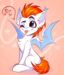 Size: 1479x1739 | Tagged: safe, artist:falafeljake, imported from derpibooru, oc, oc only, oc:thenan, bat pony, pony, chest fluff, cute, male, ocbetes, one eye closed, sitting, solo, spread wings, tongue out, wings