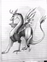 Size: 1536x2048 | Tagged: safe, artist:nocknom, imported from derpibooru, discord, draconequus, antlers, beard, eyebrows, facial hair, fangs, lined paper, long neck, male, monochrome, realistic, solo, spanish description, tail, traditional art, wings