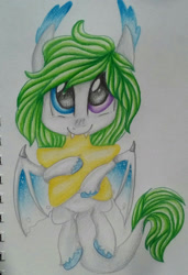Size: 1169x1711 | Tagged: safe, artist:moonert, imported from derpibooru, oc, oc only, bat pony, pony, bat pony oc, bat wings, ear fluff, heterochromia, hug, plushie, smiling, solo, starry wings, stars, traditional art, wings