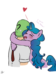 Size: 768x1024 | Tagged: safe, artist:neonnaisedraws, imported from derpibooru, izzy moonbow, oc, oc:anon, human, pony, unicorn, blushing, cute, female, g5, hug, hug from behind, male, my little pony: a new generation, romance, simple background, smiling, straight, white background