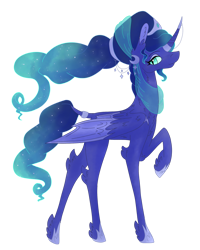 Size: 2000x2500 | Tagged: safe, artist:xaneyraccoon, imported from derpibooru, princess luna, alicorn, pony, alternate hairstyle, colored wings, ethereal mane, feathered fetlocks, female, hoof shoes, mare, raised hoof, redesign, simple background, solo, starry mane, transparent background, two toned wings, wings