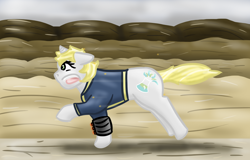 Size: 1000x641 | Tagged: safe, artist:hiddenfaithy, imported from derpibooru, oc, oc only, oc:misty sparks, pony, unicorn, fallout equestria, bullet, combat, fallout equestria: uncertain ties, old art, running, solo