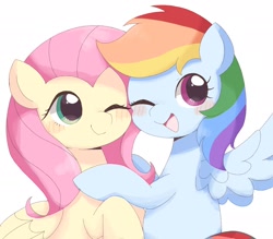 Size: 1884x1654 | Tagged: safe, artist:ginmaruxx, imported from derpibooru, fluttershy, rainbow dash, pegasus, pony, blushing, bust, cute, dashabetes, duo, duo female, female, flutterdash, folded wings, hug, lesbian, looking at you, mare, one eye closed, open mouth, open smile, shipping, shyabetes, simple background, smiling, smiling at you, spread wings, white background, wings