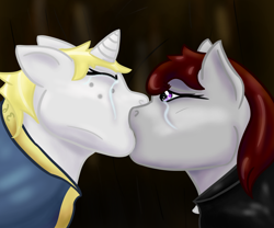 Size: 900x750 | Tagged: safe, artist:hiddenfaithy, imported from derpibooru, oc, oc only, oc:misty sparks, oc:skyfire lumia, pegasus, pony, unicorn, fallout equestria, angst, crying, duo, fallout equestria: uncertain ties, kiss on the lips, kissing, old art