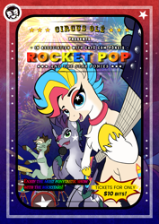 Size: 935x1323 | Tagged: safe, artist:calena, imported from derpibooru, oc, oc only, oc:rocket pop, earth pony, pony, bipedal, circus, circus olé, drums, drumsticks, earth pony oc, electric guitar, fireworks, guitar, looking at you, musical instrument, poster, signature, stars