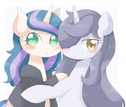 Size: 2030x1730 | Tagged: safe, artist:ginmaruxx, imported from derpibooru, oc, oc only, pony, unicorn, blushing, bust, clothes, cute, duo, duo female, female, hair over one eye, horn, jacket, looking at you, mare, no pupils, ocbetes, simple background, torn ear, white background