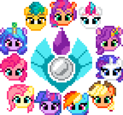 Size: 2000x1861 | Tagged: safe, imported from derpibooru, applejack, fluttershy, hitch trailblazer, izzy moonbow, pinkie pie, pipp petals, rainbow dash, rarity, sunny starscout, twilight sparkle, zipp storm, alicorn, earth pony, pegasus, pony, unicorn, april fools, april fools 2022, earth pony crystal, female, g4, g5, horn, mane five (g5), mane six, mare, pegasus crystal, pixel art, pixelated, r/place, reddit, simple background, transparent background, twilight sparkle (alicorn), unicorn crystal, unity crystals