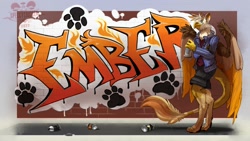 Size: 1400x788 | Tagged: safe, artist:speccychicken, imported from derpibooru, oc, oc:ember burd, anthro, griffon, beak, brick wall, cargo shorts, clothes, colored wings, eared griffon, feather, gradient wings, graffiti, griffon oc, looking at you, male, multicolored wings, paw prints, paws, plaid shirt, shirt, solo, spray paint, talons, wings
