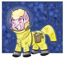 Size: 1850x1724 | Tagged: safe, artist:hiddenfaithy, imported from derpibooru, oc, oc only, oc:puppysmiles, earth pony, pony, fallout equestria, fallout equestria: pink eyes, canterlot ghoul, fanfic art, foal, grin, old art, radiation suit, simple background, smiling, solo