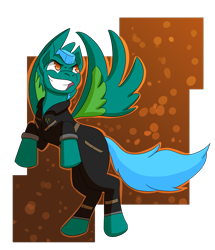 Size: 2269x2642 | Tagged: safe, artist:hiddenfaithy, imported from derpibooru, oc, oc only, oc:jolts, pegasus, pony, fallout equestria, clothes, colored wings, enclave, fallout equestria: uncertain ties, flight suit, flying, old art, semi-transparent, simple background, solo, wings