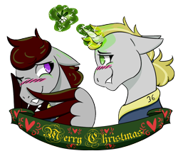 Size: 1000x850 | Tagged: safe, artist:hiddenfaithy, imported from derpibooru, oc, oc only, oc:misty sparks, oc:skyfire lumia, pegasus, pony, unicorn, fallout equestria, banner, blushing, christmas, colored wings, duo, fallout equestria: uncertain ties, flirting, floppy ears, happy hearth's warming, hiding behind wing, holiday, magic, merry christmas, mistletoe, old art, shy, simple background, telekinesis, transparent background, two toned wings, wings