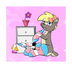 Size: 1806x1704 | Tagged: safe, artist:single purpose, imported from derpibooru, oc, oc only, oc:canvas, deer, blushing, bow, clothes, deer oc, drawer, female, flower, hair bow, male, mare, pride, pride flag, socks, solo, sternocleidomastoid, striped socks, trans female, transgender, transgender pride flag