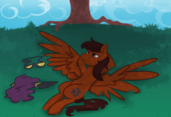 Size: 1280x874 | Tagged: safe, artist:cadetredshirt, imported from derpibooru, oc, pegasus, pony, clothes, costume, hill, lying down, nightmare night costume, on back, relaxing, shading, shadowbolts, solo, spread wings, tree, under the tree, wings