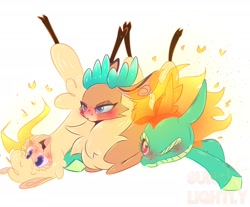 Size: 2048x1696 | Tagged: safe, artist:berrysoda10, imported from derpibooru, paprika paca, tianhuo, velvet reindeer, them's fightin' herds, blushing, community related, cute, female, lesbian, lying down, on back, one eye closed, open mouth, paprihuo, paprika (tfh), shipping, simple background, tianhuo (tfh), tsundeer, tsundere, unamused, velverika, velvet (tfh), velvet is not amused, white background