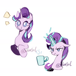 Size: 1531x1531 | Tagged: safe, artist:fan_silversol, imported from derpibooru, starlight glimmer, pony, unicorn, bust, emanata, glow, glowing horn, horn, mug, simple background, solo, white background, white pupils