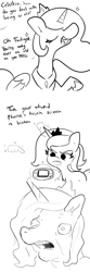 Size: 3000x9000 | Tagged: safe, artist:tjpones, imported from derpibooru, princess celestia, princess luna, alicorn, pony, absurd resolution, black and white, comic, dialogue, duo, eyes closed, female, gameboy advance, grayscale, hand, implied twilight sparkle, levitation, lineart, magic, magic hands, mare, monochrome, offscreen character, old, s1 luna, siblings, simple background, sisters, telekinesis, white background, wingless