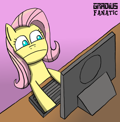 Size: 878x893 | Tagged: safe, artist:gradiusfanatic, imported from derpibooru, fluttershy, pegasus, pony, computer, female, keyboard, leaning back, reaction image, solo