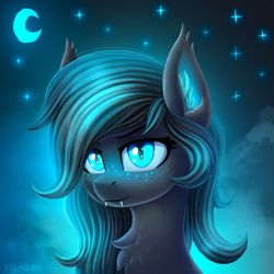 Size: 2000x2000 | Tagged: safe, artist:atlas-66, imported from derpibooru, oc, oc only, oc:umbra glow, bat pony, pony, bat pony oc, bust, chest fluff, fangs, high res, looking at you, moon, portrait, signature, smiling, smiling at you, solo, stars