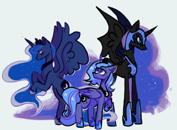 Size: 2504x1851 | Tagged: safe, artist:higuysimgrace, imported from derpibooru, nightmare moon, princess luna, alicorn, pony, female, jewelry, lunar trinity, mare, multeity, regalia, s1 luna, simple background, white background