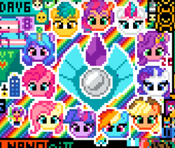 Size: 818x690 | Tagged: safe, imported from derpibooru, applejack, fluttershy, hitch trailblazer, izzy moonbow, pinkie pie, pipp petals, rainbow dash, rarity, sunny starscout, twilight sparkle, zipp storm, earth pony, pegasus, pony, unicorn, april fools, april fools 2022, doctor who, earth pony crystal, g5, mane five (g5), mane six, pegasus crystal, pixel art, r/place, reddit, tardis, unicorn crystal, unity crystals