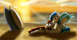 Size: 3378x1775 | Tagged: safe, artist:hiddenfaithy, imported from derpibooru, oc, oc only, oc:aurora, oc:skyfire lumia, hengstwolf, pegasus, pony, werewolf, alternate universe, beach, blushing, commission, duo, old art, snuggling, sunset, surfboard