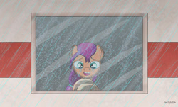 Size: 1280x772 | Tagged: safe, artist:lynnthenerdkitty, artist:small-brooke1998, imported from derpibooru, sunny starscout, earth pony, pony, female, filly, filly sunny starscout, foal, g5, rain, solo, window, younger