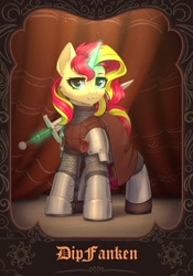 Size: 1668x2388 | Tagged: safe, artist:dipfanken, imported from derpibooru, sunset shimmer, pony, unicorn, equestria girls, armor, magic, magic aura, mount and blade, solo, sunset cosplay flashmob, swadian knight, sword, weapon