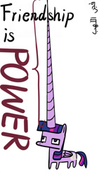 Size: 576x1023 | Tagged: artist needed, source needed, safe, imported from derpibooru, twilight sparkle, alicorn, pony, arabic, fake cutie mark, friendship is power, horn, impossibly large horn, long horn, simple background, solo, translated in the comments, twilight sparkle (alicorn), white background