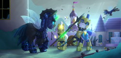Size: 4000x1916 | Tagged: safe, artist:dipfanken, imported from derpibooru, oc, oc only, oc:captain black lotus, changeling, earth pony, pegasus, pony, unicorn, armor, bonk, changeling armor, crossbow, flail, halberd, royal guard, spear, sword, weapon