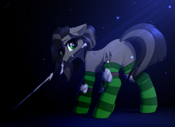 Size: 2000x1457 | Tagged: safe, artist:dipfanken, imported from derpibooru, oc, oc only, earth pony, pony, armor, clothes, female, mare, mouth hold, socks, solo, striped socks, sword, weapon, zweihander