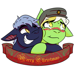 Size: 921x795 | Tagged: safe, artist:hiddenfaithy, imported from derpibooru, oc, oc only, oc:pesian, oc:raven, bat pony, changeling, pony, blackletter, blushing, christmas, commission, duo, floppy ears, grin, happy hearth's warming, hat, holiday, hug, merry christmas, old art, one ear down, simple background, smiling, transparent background