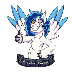 Size: 1000x1000 | Tagged: safe, artist:hiddenfaithy, imported from derpibooru, oc, oc only, oc:aurora, hybrid, pegasus, pony, wolf, wolf pony, banner, claws, colored wings, colored wingtips, commission, old art, one eye closed, simple background, smiling, smirk, solo, spread wings, transparent background, vault boy pose, wings, wink