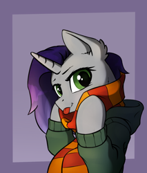 Size: 1184x1392 | Tagged: safe, artist:dipfanken, imported from derpibooru, oc, oc only, pony, unicorn, clothes, hoodie, scarf, solo, striped scarf, tongue out
