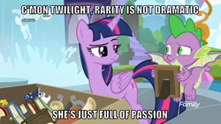 Size: 1066x600 | Tagged: safe, edit, edited screencap, editor:twi clown, imported from derpibooru, screencap, spike, twilight sparkle, alicorn, dragon, pony, the point of no return, book, box, caption, duo, female, image macro, implied marshmelodrama, implied rarity, mare, picture frame, text, twilight sparkle (alicorn), unamused, waterfall, winged spike, wings