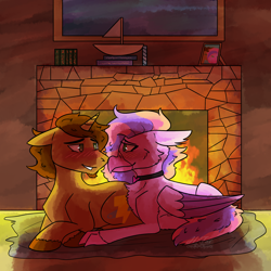 Size: 2000x2000 | Tagged: safe, artist:hiddenfaithy, imported from derpibooru, oc, oc only, oc:coppercore, classical hippogriff, hippogriff, pony, unicorn, backlighting, blushing, boat, commission, cuddling, duo, fetlock tuft, fireplace, lying down, mantle, rug