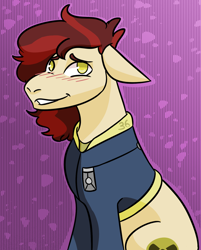 Size: 1238x1542 | Tagged: safe, artist:hiddenfaithy, imported from derpibooru, oc, oc only, oc:ember, earth pony, pony, fallout equestria, blushing, clothes, ears back, fallout equestria: uncertain ties, jumpsuit, simple background, sitting, solo, vault suit