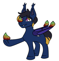 Size: 1599x1646 | Tagged: safe, artist:hiddenfaithy, imported from derpibooru, oc, oc only, oc:breezy, bat pony, pony, balancing, commission, food, mango, silly, simple background, solo, transparent background