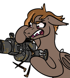 Size: 653x730 | Tagged: safe, artist:hiddenfaithy, imported from derpibooru, oc, oc only, oc:umber, bat pony, pony, fallout equestria, colored, flat colors, gun, railway rifle, reloading, silly, simple background, solo, transparent background, weapon