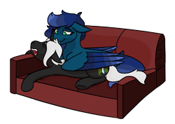 Size: 1689x1196 | Tagged: safe, artist:hiddenfaithy, imported from derpibooru, oc, oc only, oc:dusk shadows, oc:nethlarion, pegasus, pony, unicorn, colored wings, colored wingtips, couch, duo, gradient mane, gradient wings, lying down, simple background, sleeping, snoring, snuggling, transparent background, wings