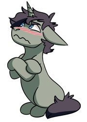 Size: 542x755 | Tagged: safe, artist:hiddenfaithy, imported from derpibooru, oc, oc only, oc:nightfall haze, pony, unicorn, baka, blushing, commission, crossed hooves, floppy ears, pouting, simple background, sitting, solo, transparent background, wavy mouth