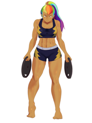 Size: 6000x8000 | Tagged: safe, artist:chedx, imported from derpibooru, rainbow dash, human, equestria girls, abs, absurd resolution, athletic, clothes, dark skin, feet, female, fitness, frown, gym uniform, human coloration, humanized, looking down, muscles, muscular female, ponytail, practice, practice drawing, rainbuff dash, simple background, solo, sports bra, thighs, thunder thighs, training, underwear, white background, workout, workout outfit