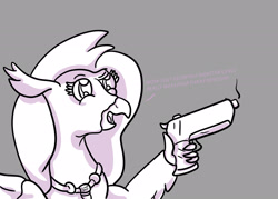 Size: 2100x1500 | Tagged: safe, artist:hemlock conium, imported from derpibooru, silverstream, hippogriff, best hippogriff, digital art, female, gun, meme, monochrome, power of the gun, shading, simple background, solo, text, weapon