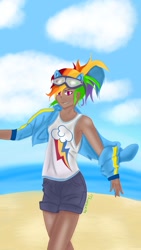 Size: 1152x2048 | Tagged: safe, artist:09thorax, artist:thorax_09, imported from derpibooru, kotobukiya, rainbow dash, human, beach, clothes, female, goggles on head, humanized, kotobukiya rainbow dash, shorts, sleeveless, solo, tanktop