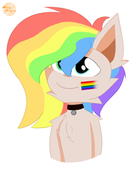 Size: 3118x4000 | Tagged: safe, artist:toxinagraphica, imported from derpibooru, oc, oc only, oc:wattlan leyn, earth pony, pony, big eyes, bust, cheek fluff, chest fluff, choker, closed mouth, ear fluff, earth pony oc, fluffy, futa, futa oc, herm, heterochromia, high res, intersex, lgbt, meme, multicolored hair, pop cat, rainbow hair, signature, simple background, smiling, solo, sticker, transparent background