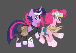 Size: 2048x1430 | Tagged: safe, artist:jakeneutron, imported from derpibooru, pinkie pie, twilight sparkle, alicorn, earth pony, pony, bag, clothes, duo, dusk till dawn, eyepatch, friday night funkin', goggles, horn, pibby, saddle bag, scarf, smiling, socks, survivor, twilight sparkle (alicorn), wings