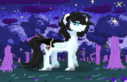 Size: 3275x2125 | Tagged: safe, artist:janeblood969, imported from derpibooru, oc, oc only, oc:jane blood, pegasus, pony, chest fluff, ear fluff, female, fluffy, mare, pegasus oc, pixel art, smiling, solo, sparkles, tree