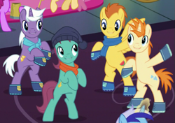 Size: 597x421 | Tagged: safe, imported from derpibooru, screencap, autumn leaf, berry punch, berryshine, dizzy twister, minuette, orange swirl, sea swirl, seafoam, earth pony, pegasus, pony, unicorn, a hearth's warming tail, season 6, bipedal, boots, clothes, cropped, dawntreader, female, grin, male, mare, melon arcade, offscreen character, offscreen female, scarf, shoes, smiling, spread wings, stallion, tankard, wings