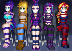 Size: 1063x752 | Tagged: safe, artist:gferriswheel, imported from derpibooru, applejack, rarity, starlight glimmer, sunset shimmer, twilight sparkle, human, angry, arm behind back, bondage, bound and gagged, cloth gag, gag, glare, help us, humanized, looking at someone, looking at you, rope, rope bondage, tied hair, tied to chair, tied up