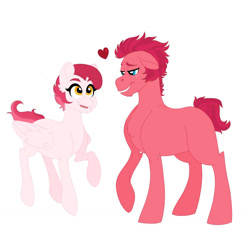 Size: 1280x1280 | Tagged: safe, artist:patchworkpupper, imported from derpibooru, oc, oc only, oc:carmine luster, oc:rome red apple, earth pony, pegasus, pony, duo, female, heart, male, mare, offspring, parent:big macintosh, parent:cheerilee, parent:twilight sparkle, parent:unknown, parents:cheerimac, simple background, stallion, white background